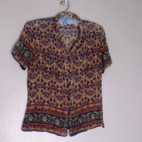 Bohemian short sleeve button front top women’s medium cotton - Picture 1 of 7